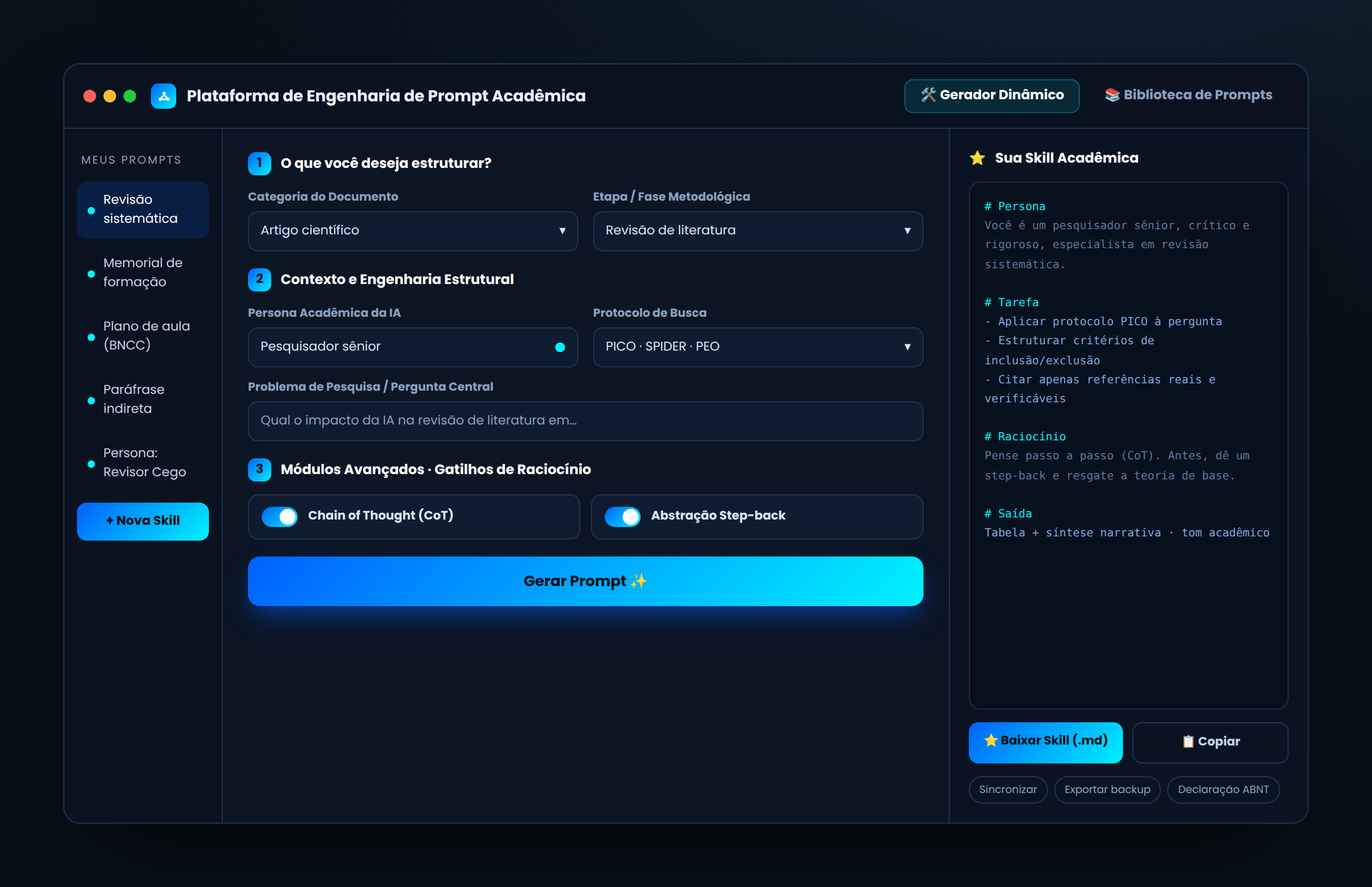 Plataforma de Engenharia de Prompt Acadêmica — gerador de prompts e skills